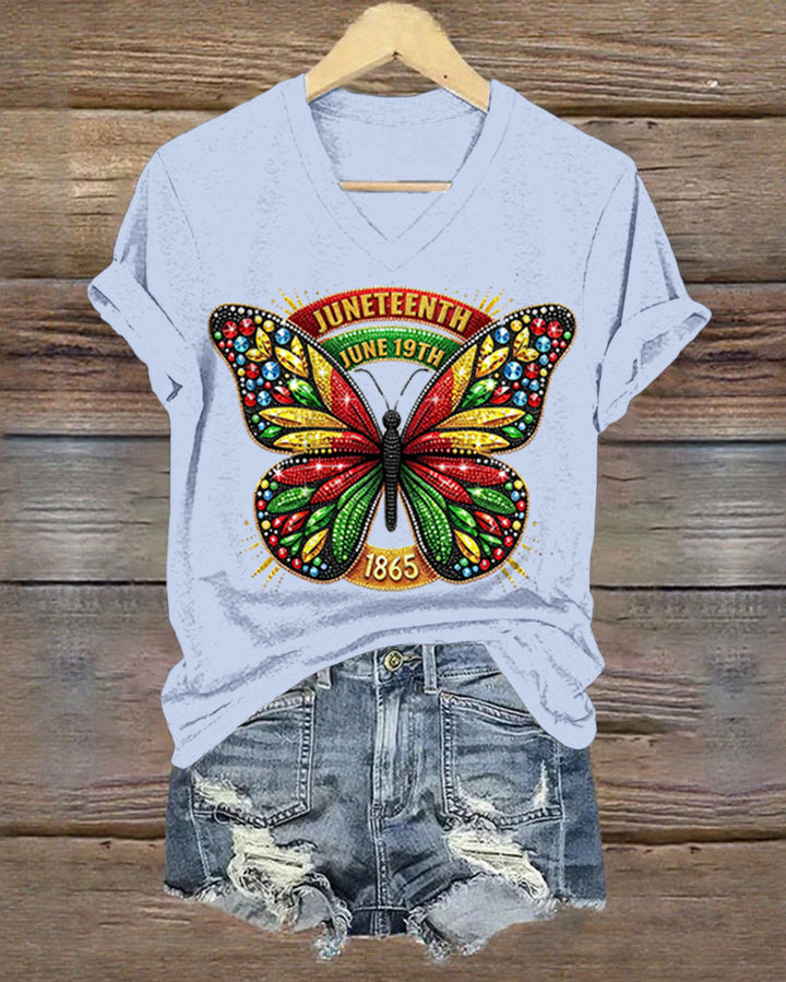 100% Cotton Juneteenth Reggae Diamond Butterfly V Neck Short Sleeve Tshirt