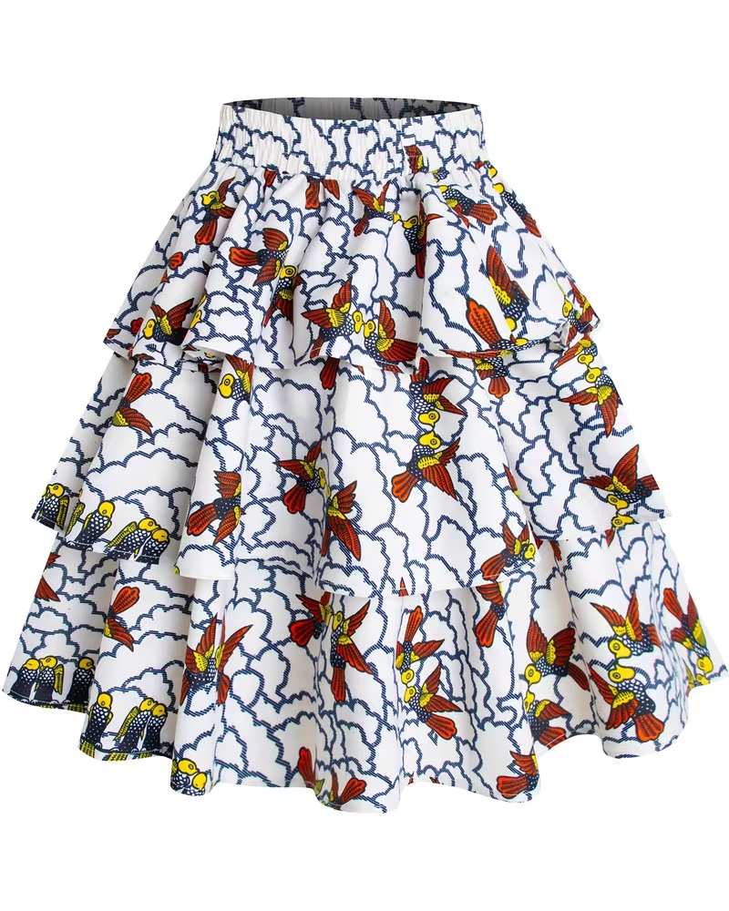 Fun Bird Stripes Ruffle Trim Skirt