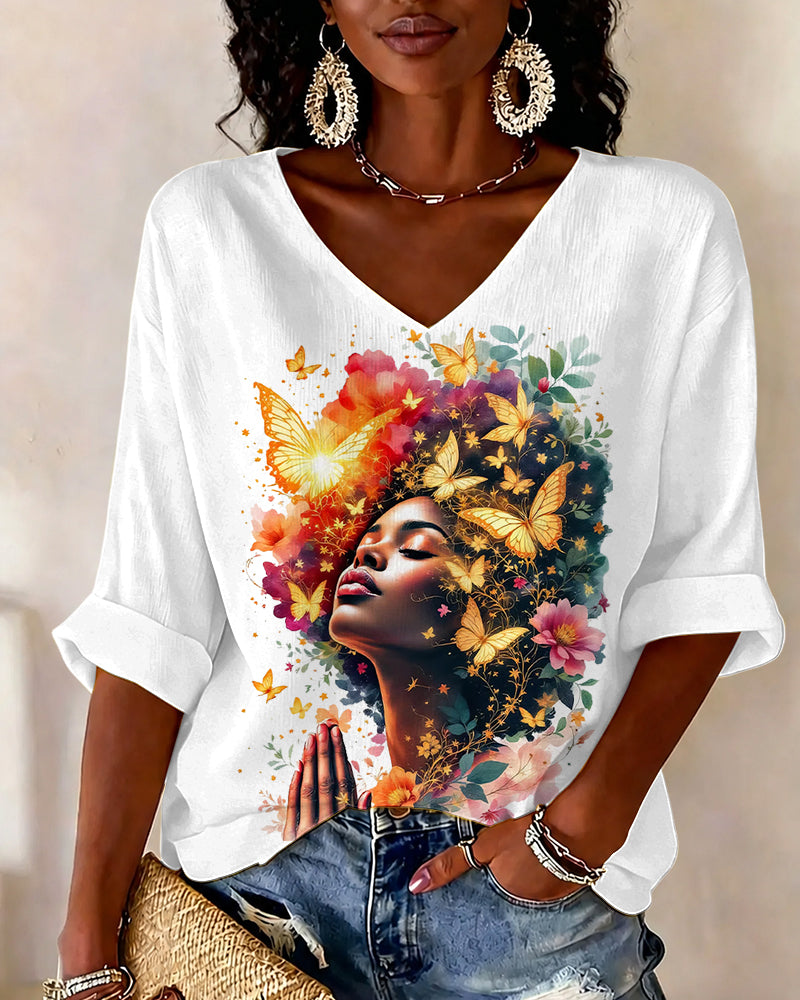 Watercolor Black Woman Praying V-neck Half Sleeved Loose Top