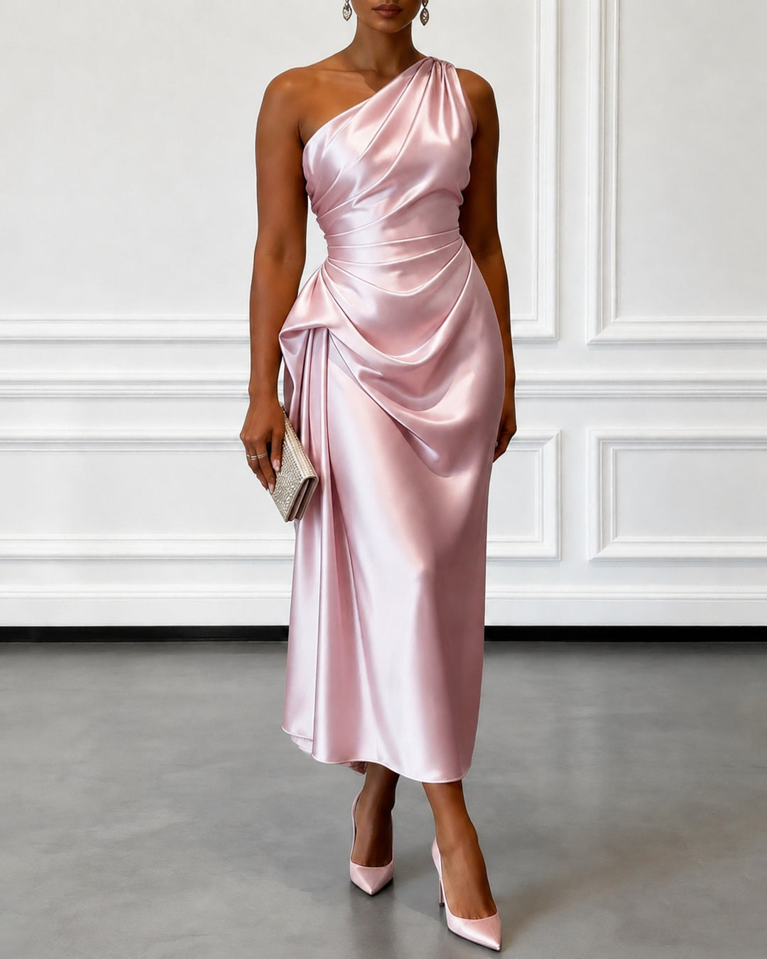 Ruched Satin One Shoulder Sleeveless Sheath Midi Dress