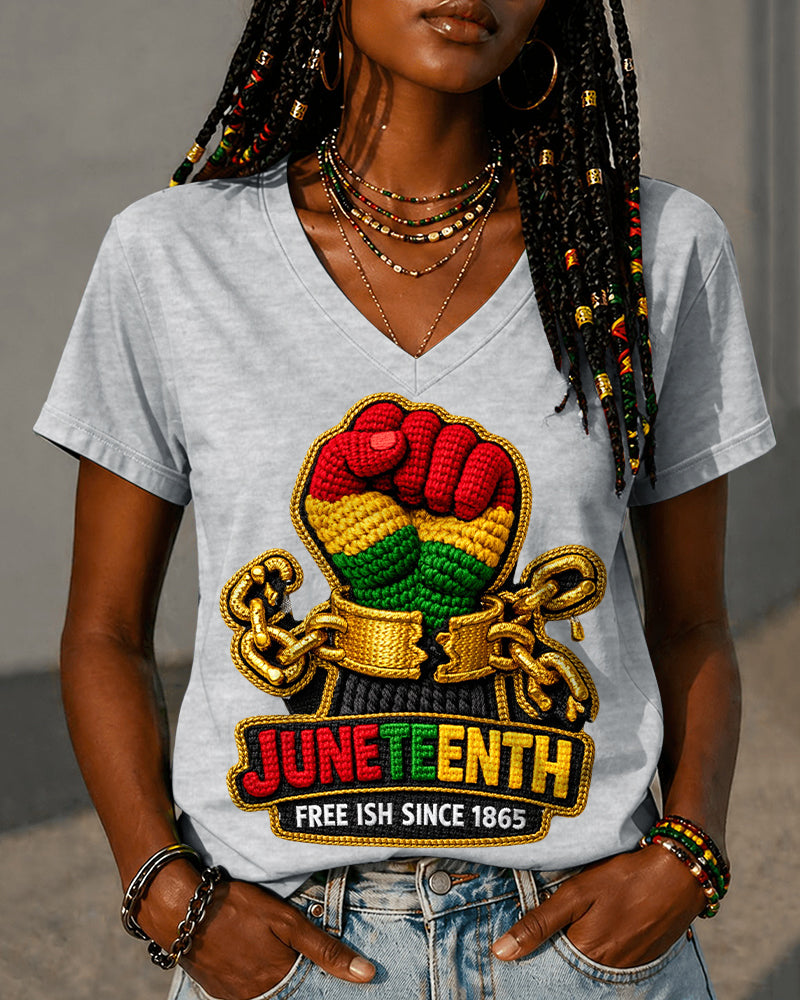 100% Cotton Juneteenth Black Power Fist V Neck Short Sleeve Tshirt
