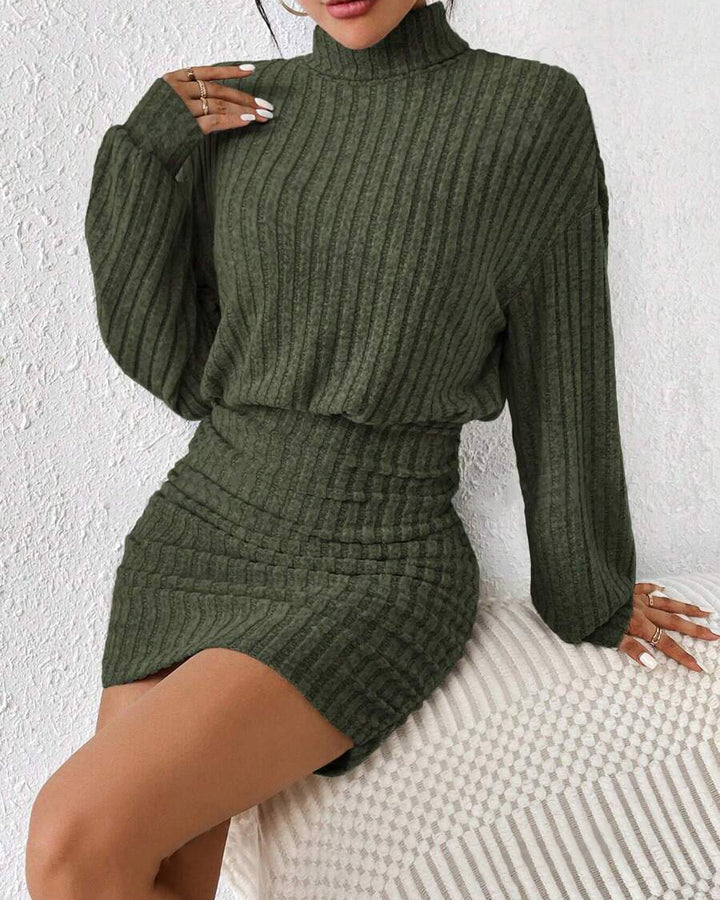 Women's Turtleneck Ribbed Knit Long Sleeve Ruched Mini Dress