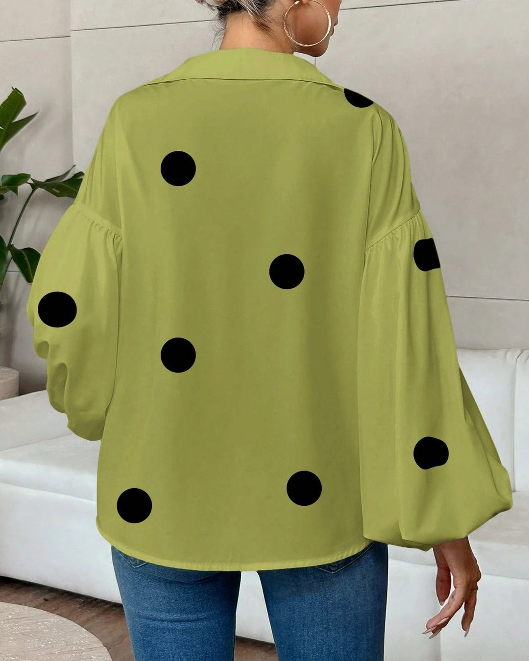 Collared V‑Neck Balloon Long Sleeve Blouse