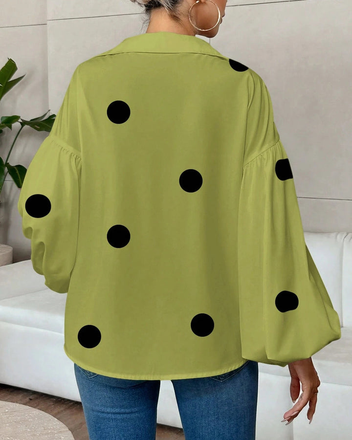Collared V‑Neck Balloon Long Sleeve Blouse