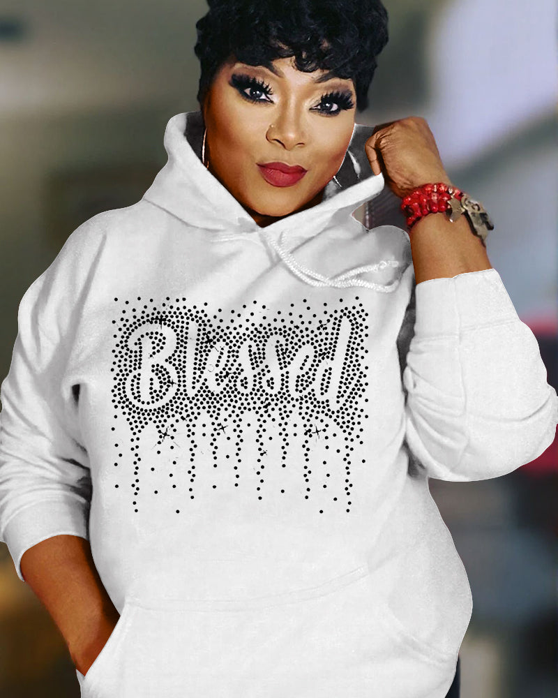 Blessed Rhinestone Printing Long Sleeve Hoodies
