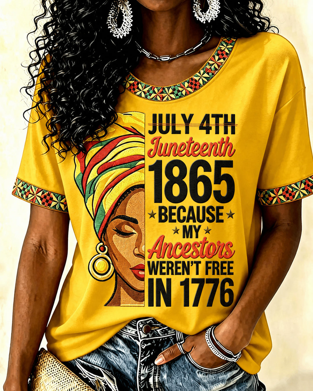 Juneteenth Afro Woman Print Crew Neck Short Sleeve Tshirt