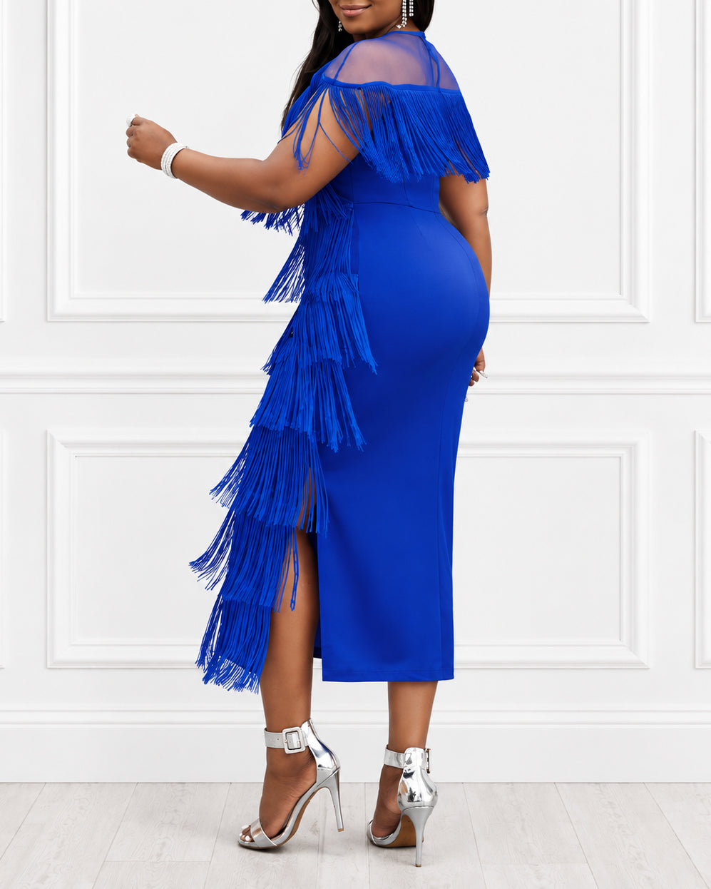 Plus Size Women Mesh Neck Tiered Fringe Midi Dress