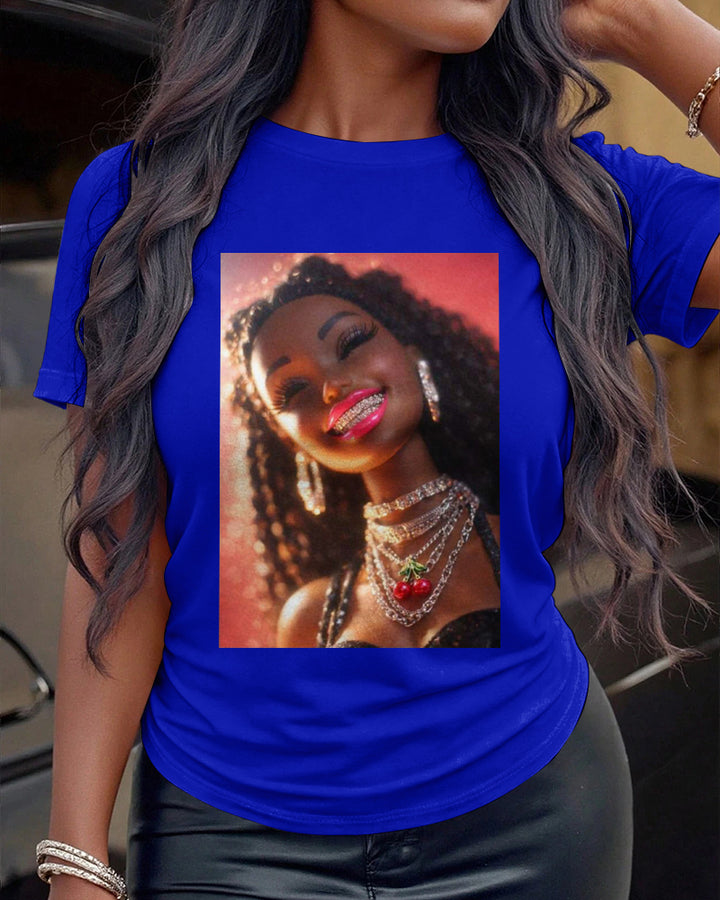 100% Cotton Happy Laughing Print Crew Neck Short Sleeve Tshirt