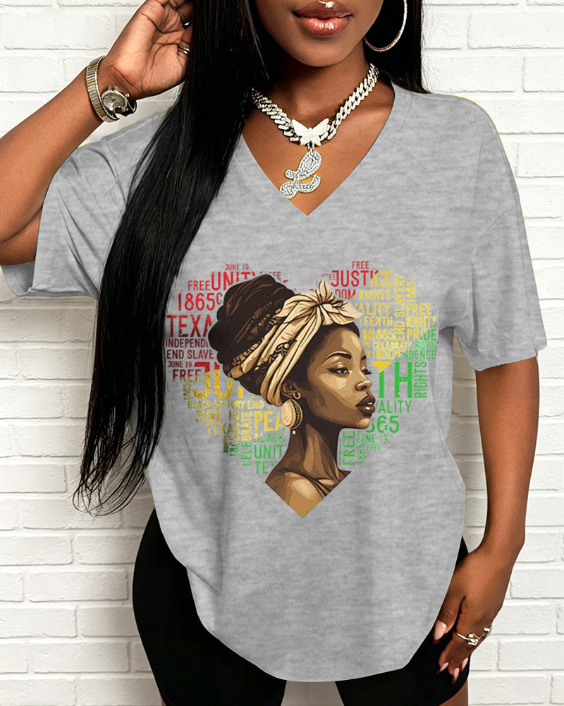 100% Cotton Juneteenth Love for Black Women V Neck Short Sleeve Tshirt