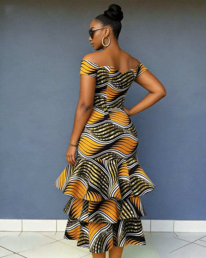 African Fashion Ankara Striped Print Fishtail Dress