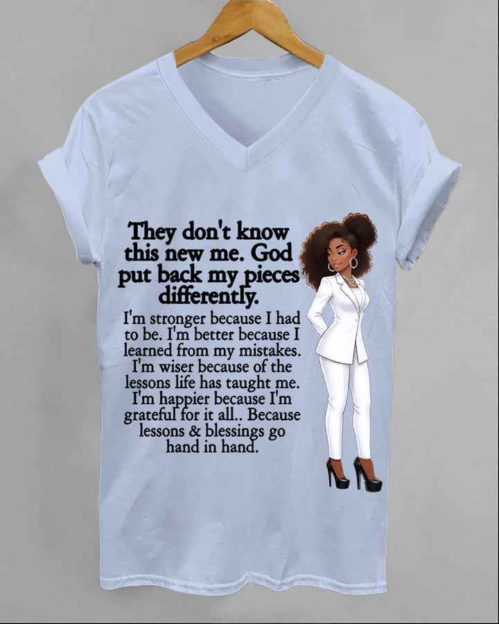100% Cotton God Put Back My Pieces Differently  V Neck Short Sleeve Tshirt