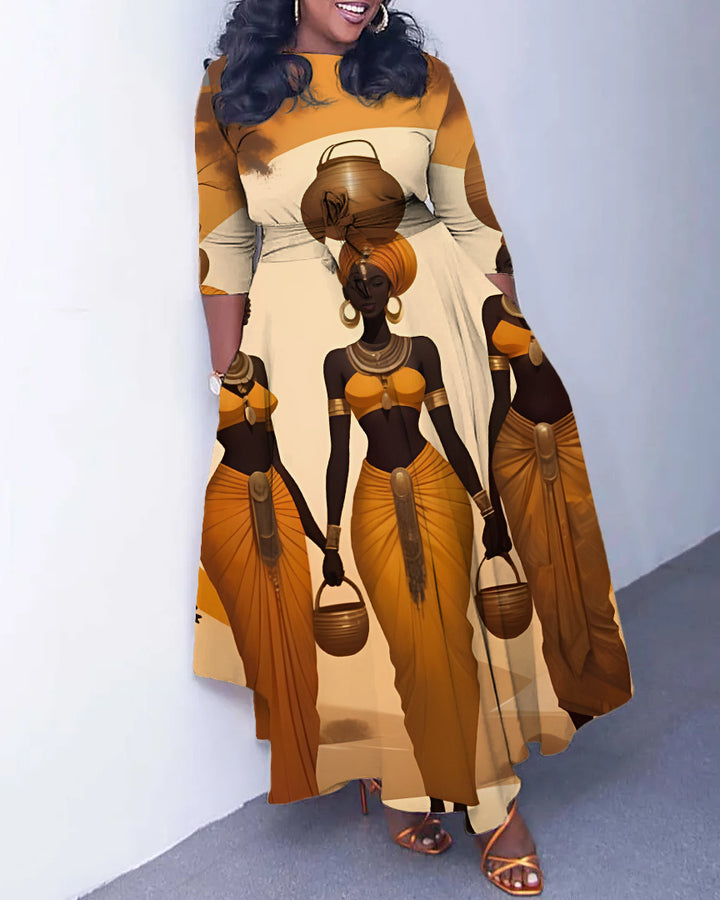 Crew Neck Retro Black Woman Long Sleeve Pockets Maxi Dress