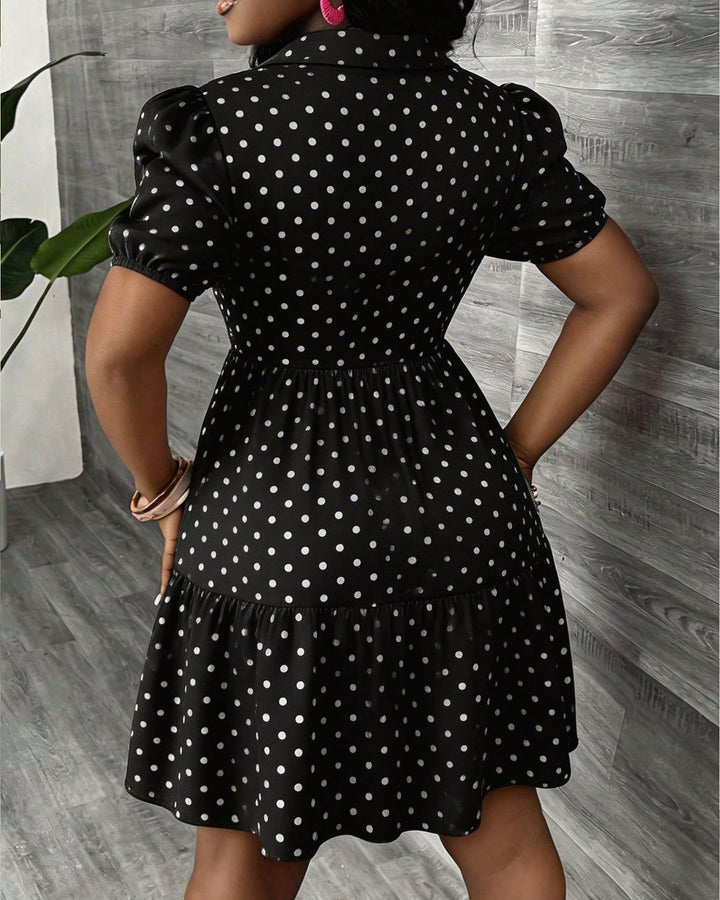 Classic White Polka Dots Print Ruffle Lantern Sleeve Loose Dress