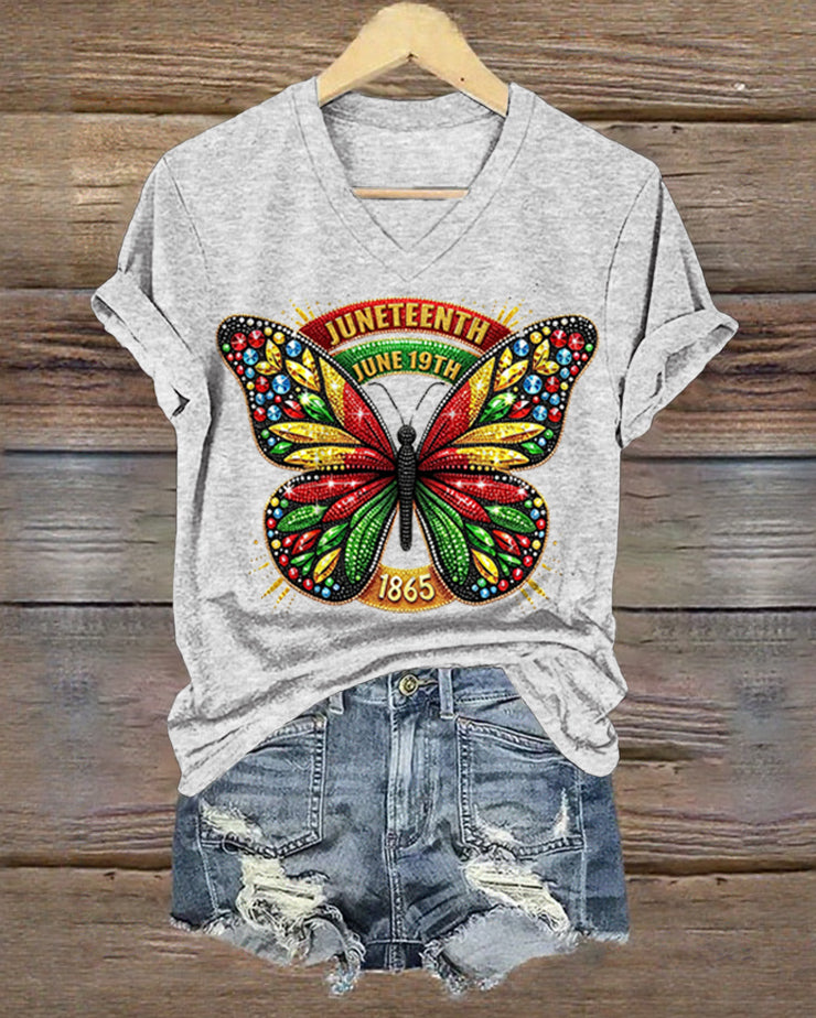100% Cotton Juneteenth Reggae Diamond Butterfly V Neck Short Sleeve Tshirt