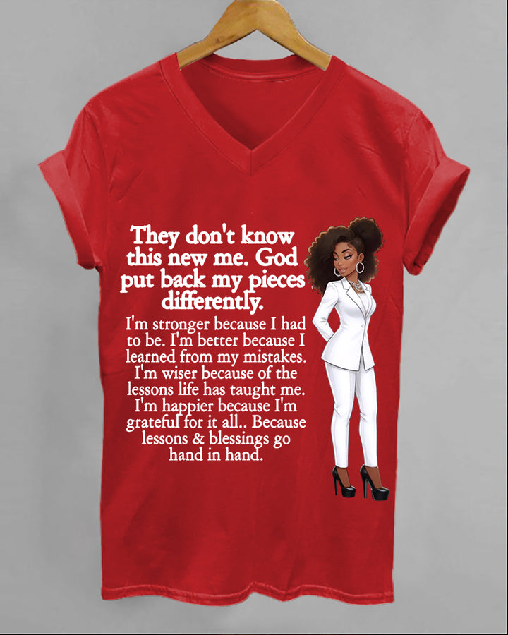 100% Cotton God Put Back My Pieces Differently  V Neck Short Sleeve Tshirt