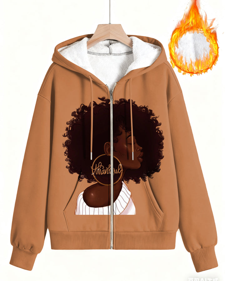 Thankful Afro Girl Long Sleeve Zip-Up Fleece Hoodies