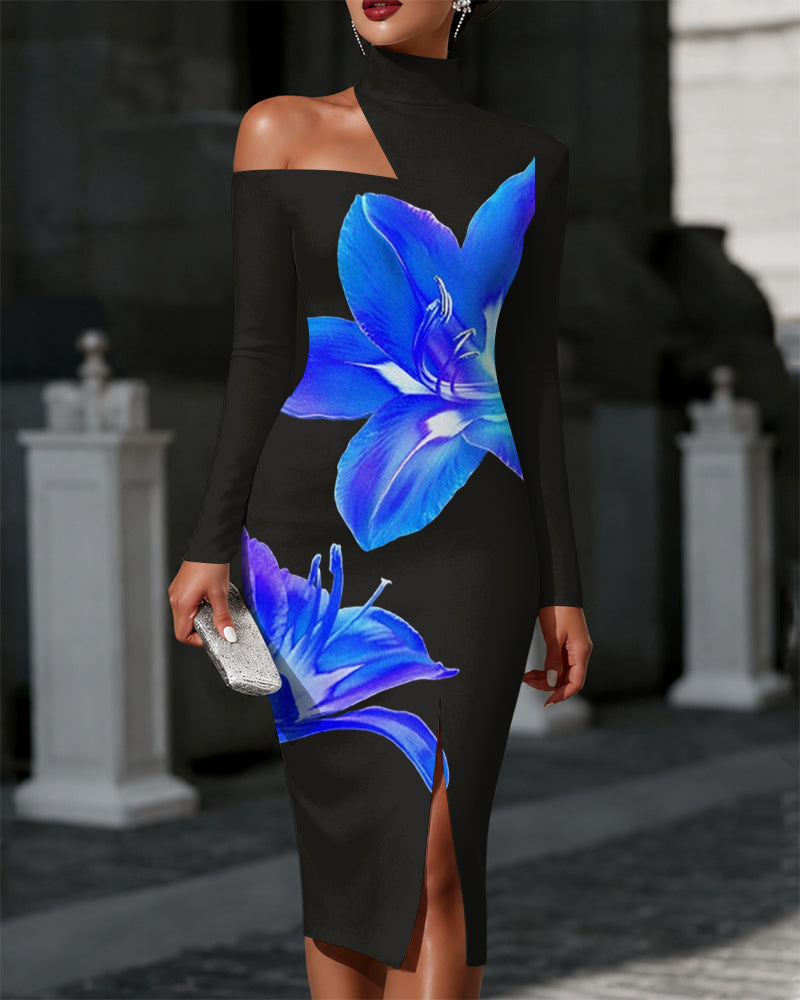 Casual Floral Print Off The Shoulder High-neck Slim Fit Dress Party Dress