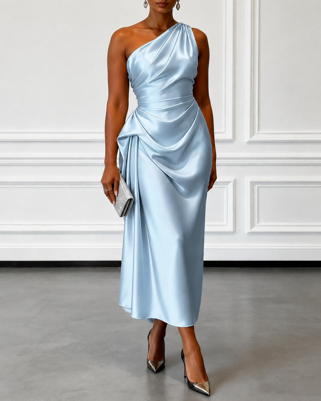 Ruched Satin One Shoulder Sleeveless Sheath Midi Dress