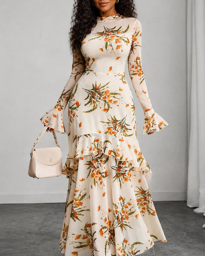 Elegant Sexy Mesh Patchwork Colorful Floral Print Retro Flare Sleeve Ruffle Hem Layered Dress