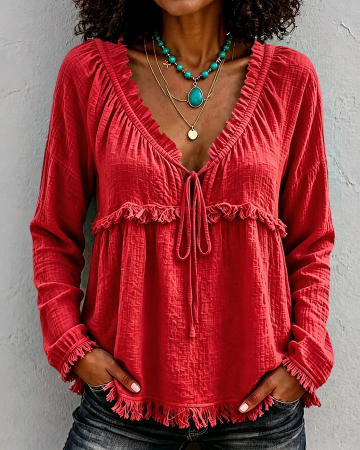 Boho Fringe Trim Tie Front Crinkle Textured Long Sleeve Blouse