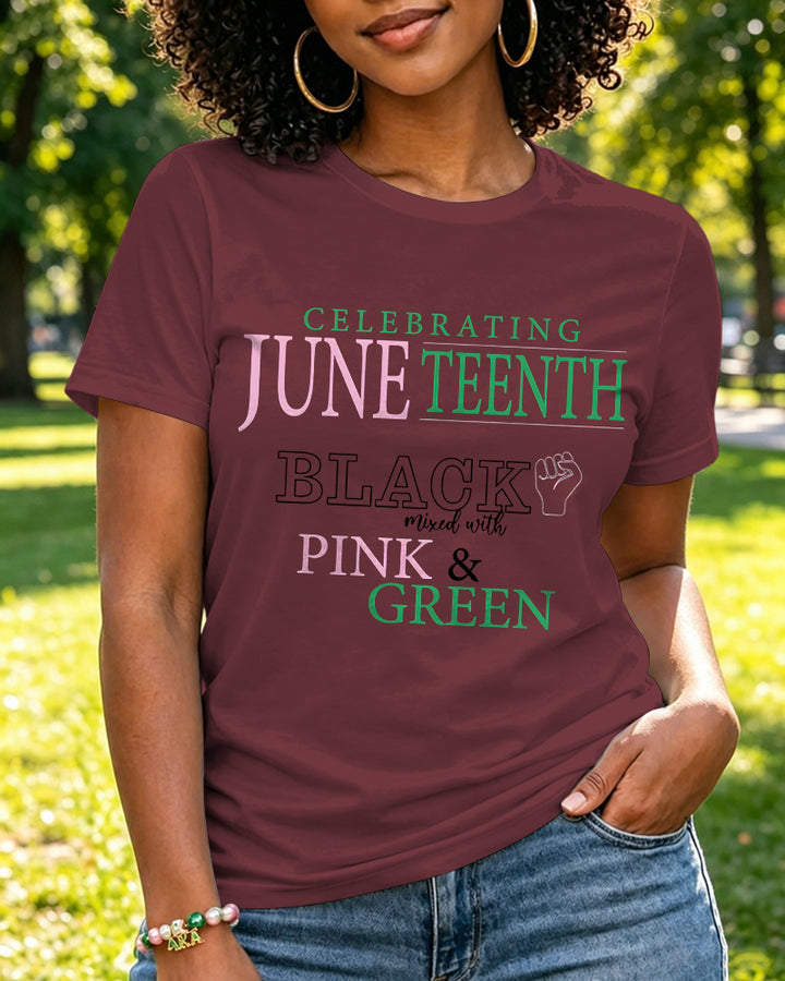 100% Cotton Celebrating Juneteenth AKA colors Crew Neck Short Sleeve Tshirt