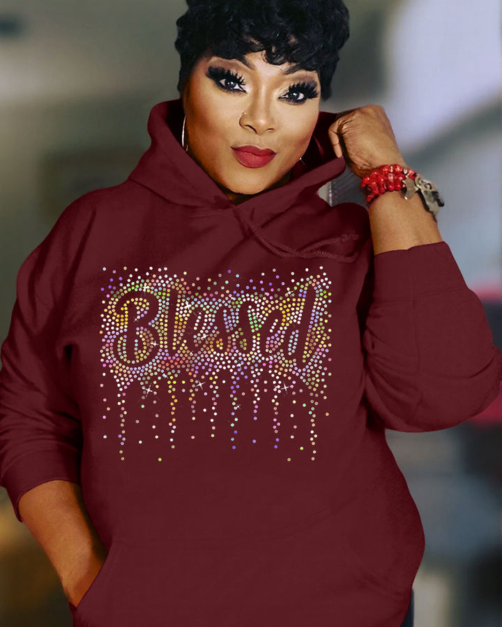 Blessed Rhinestone Printing Long Sleeve Hoodies