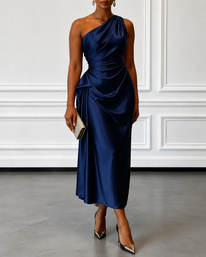 Ruched Satin One Shoulder Sleeveless Sheath Midi Dress