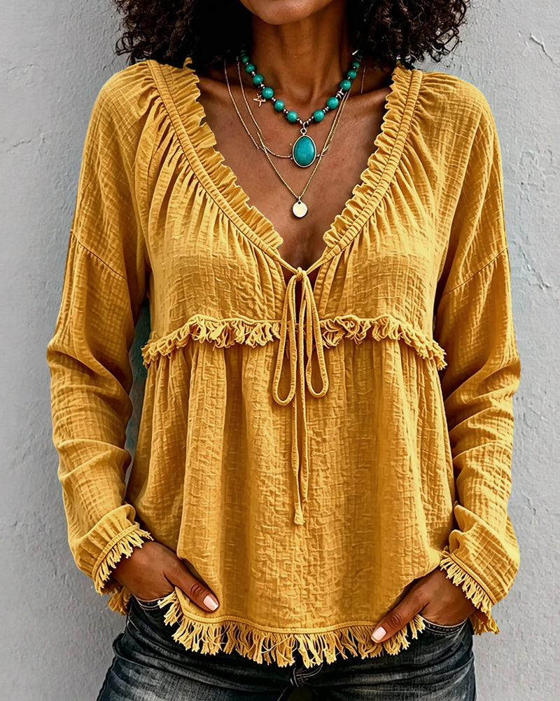 Boho Fringe Trim Tie Front Crinkle Textured Long Sleeve Blouse