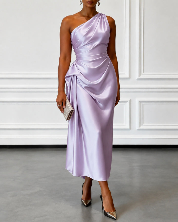 Ruched Satin One Shoulder Sleeveless Sheath Midi Dress