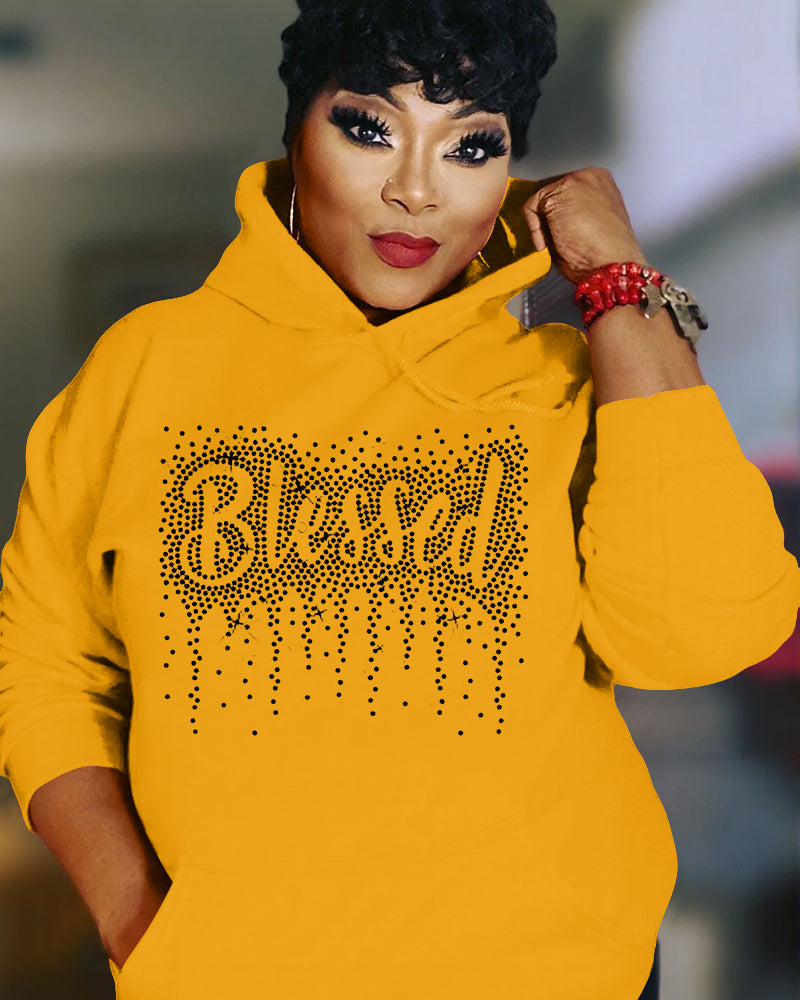 Blessed Rhinestone Printing Long Sleeve Hoodies