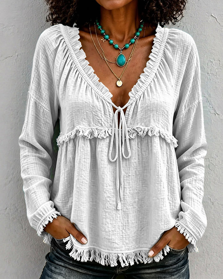 Boho Fringe Trim Tie Front Crinkle Textured Long Sleeve Blouse