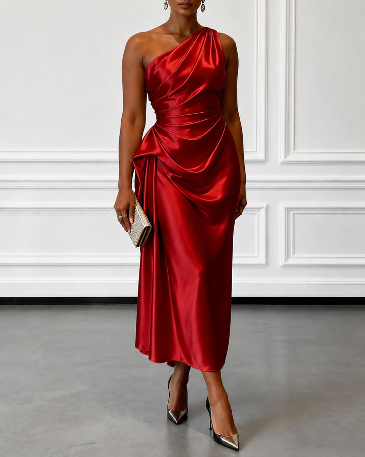 Ruched Satin One Shoulder Sleeveless Sheath Midi Dress