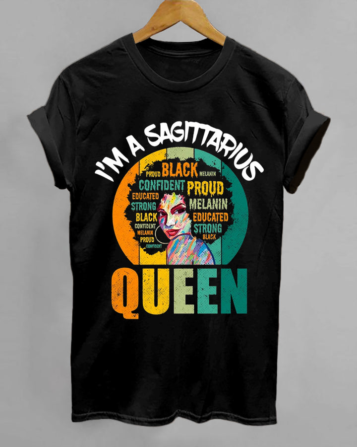 Sagittarius Afro Girl Queen Traits Astrological Zodiac Sign Print Cotton Short Sleeve T-Shirt