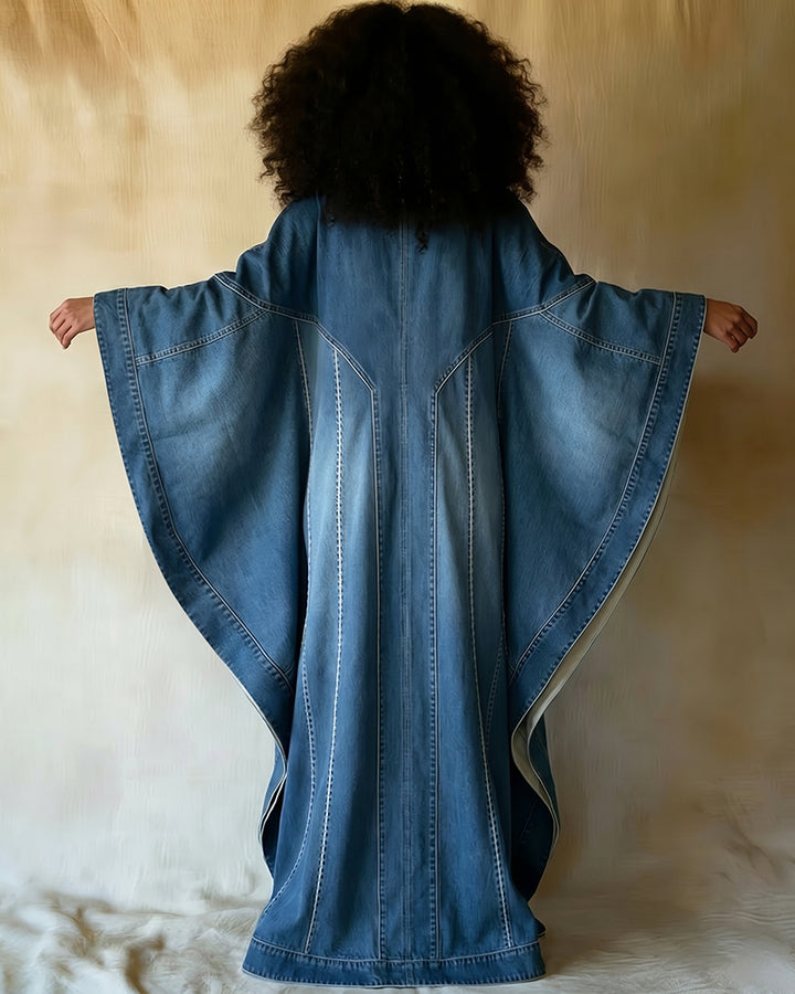 Washed Denim Texture Print V-neck Long Kaftan Dress