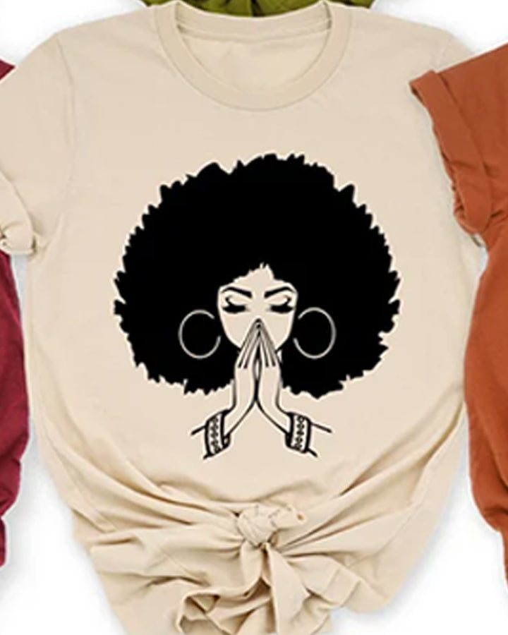 Simple black girl cartoon print ladies short-sleeved T-shirt