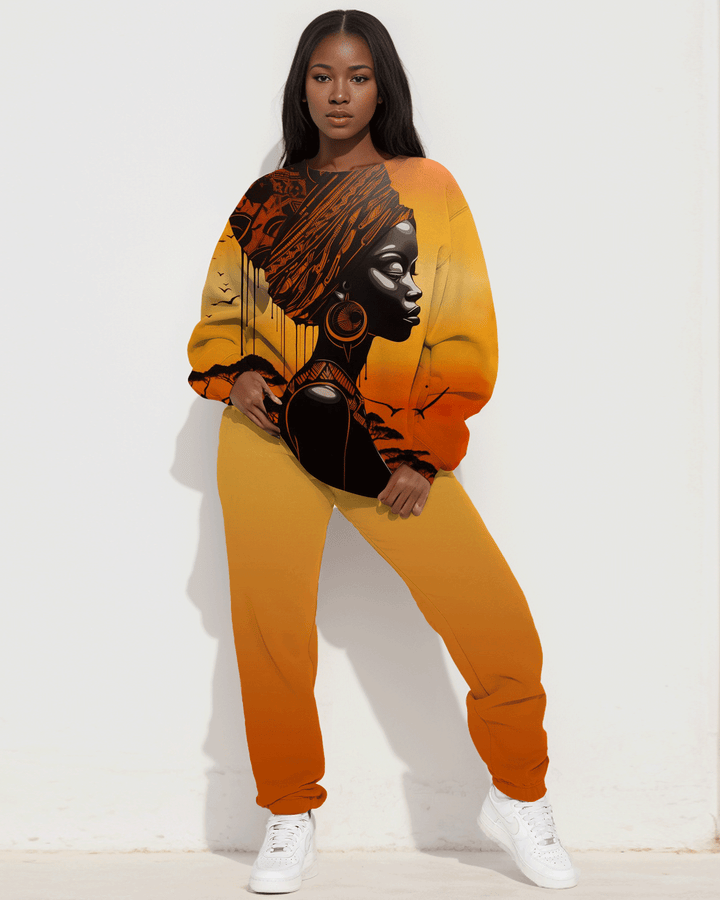 African Lady Gradient Painting Print Long Sleeve Sweatshirt Two Pieces Set