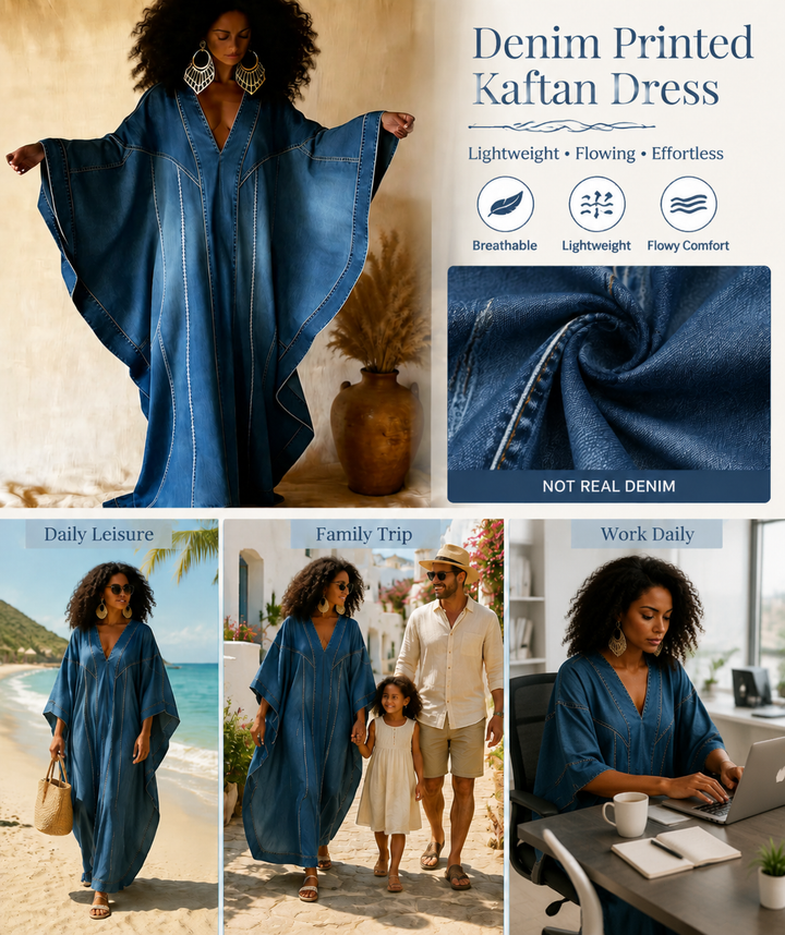 Washed Denim Texture Print V-neck Long Kaftan Dress
