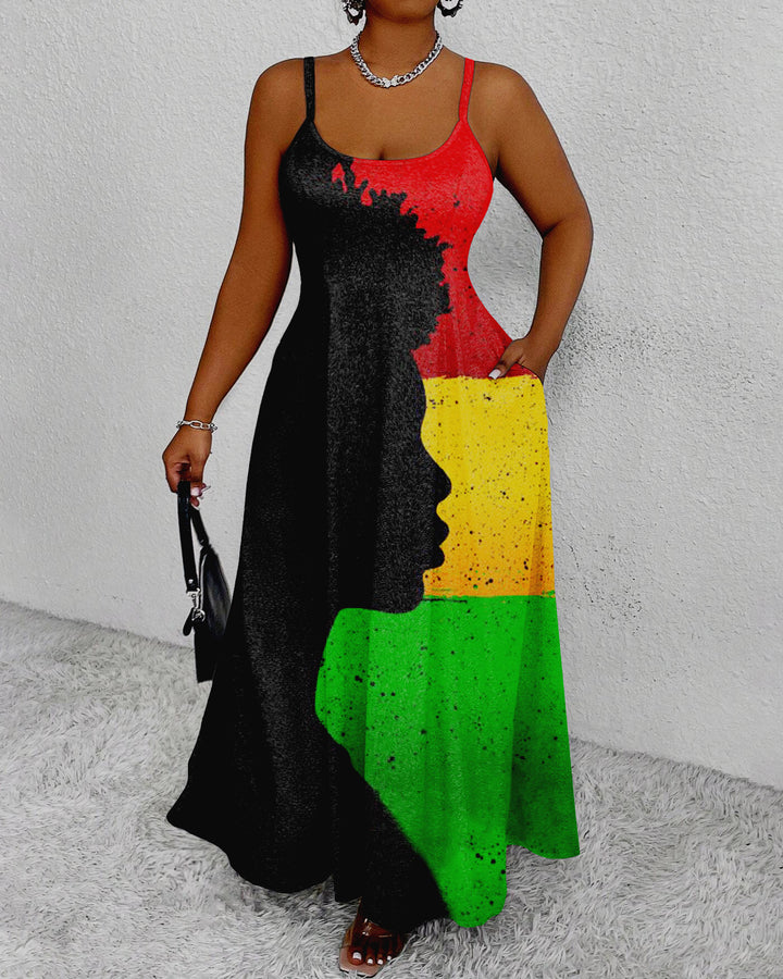 Afro messy bun Juneteenth Print Suspenders Maxi Dress