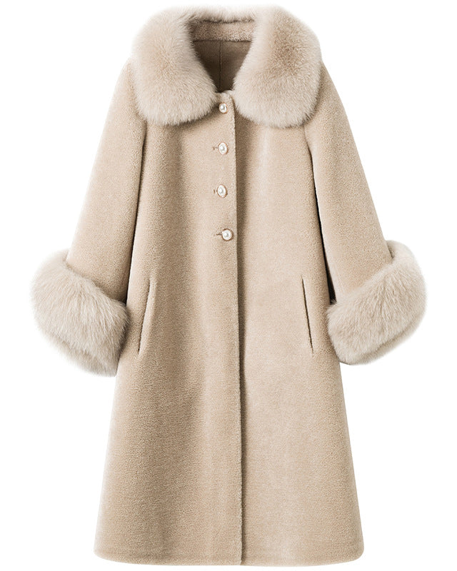 Imitation Lamb Fur Coat Women's Long Imitation Fox Fur Collar Particles