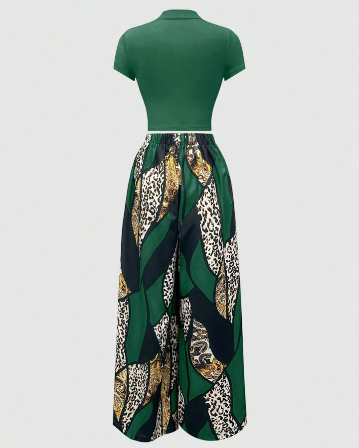 Green Leopard Geometric 2pcs Set Wide Leg Jumpsuit