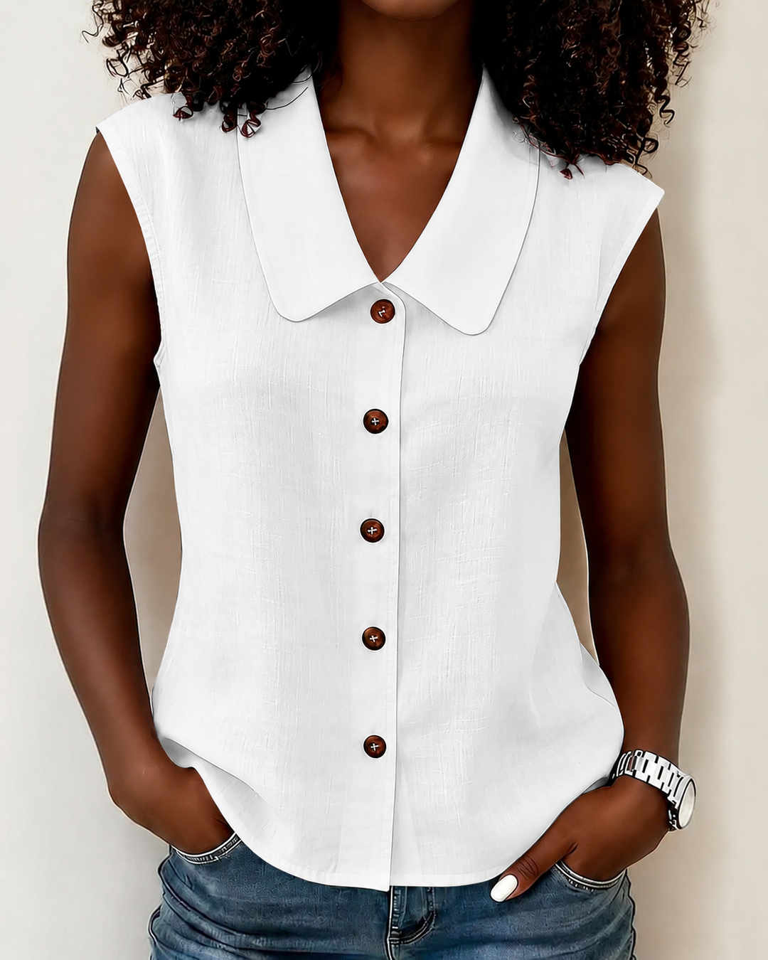Simple Doll Collar Button Down Sleeveless Cotton Linen Shirt