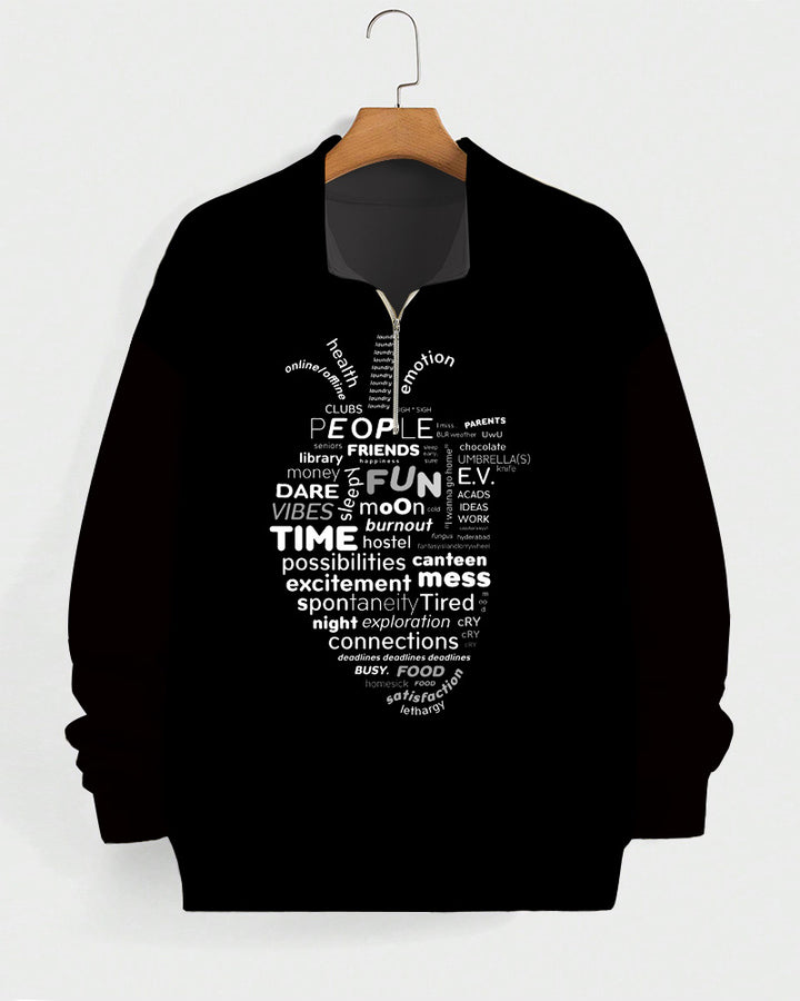 White Letter Print High Collar Zipper Long Sleeve Casual Sweatshirt