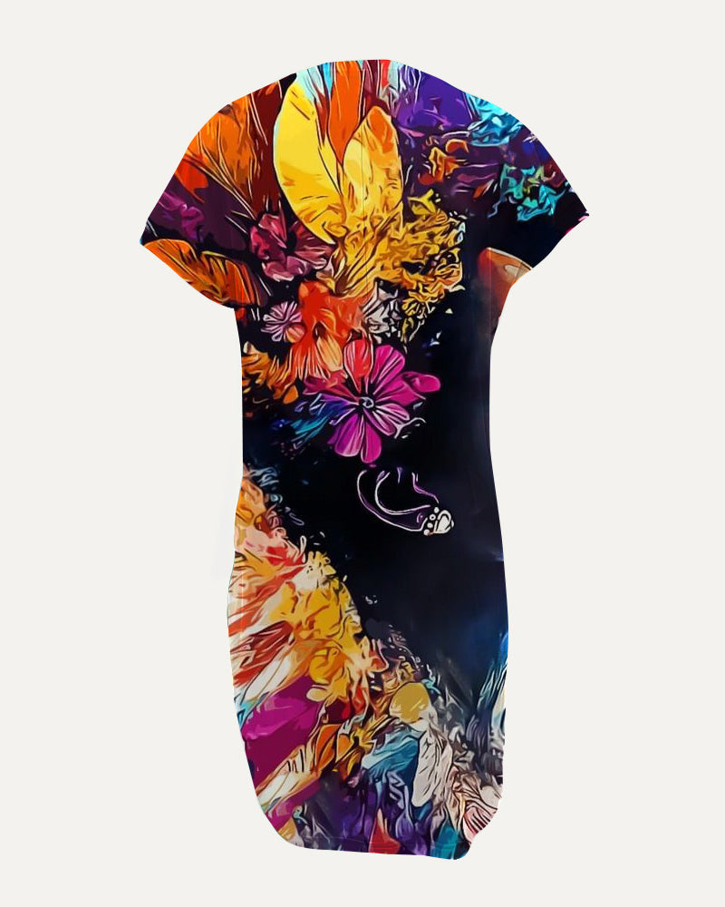 Crewneck Raglan-Sleeve Pocket Dress with Artistic Portrait Prints