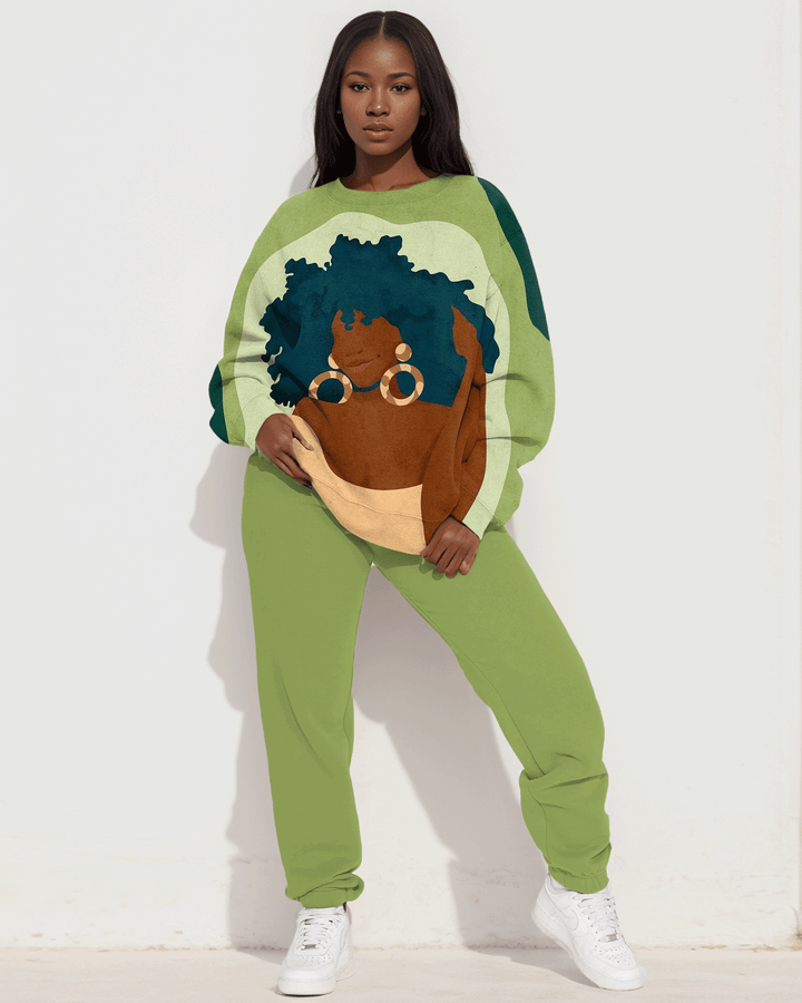 Afro Girl with Earrings Print Long Sleeve Sweatshirt Two Pieces Set