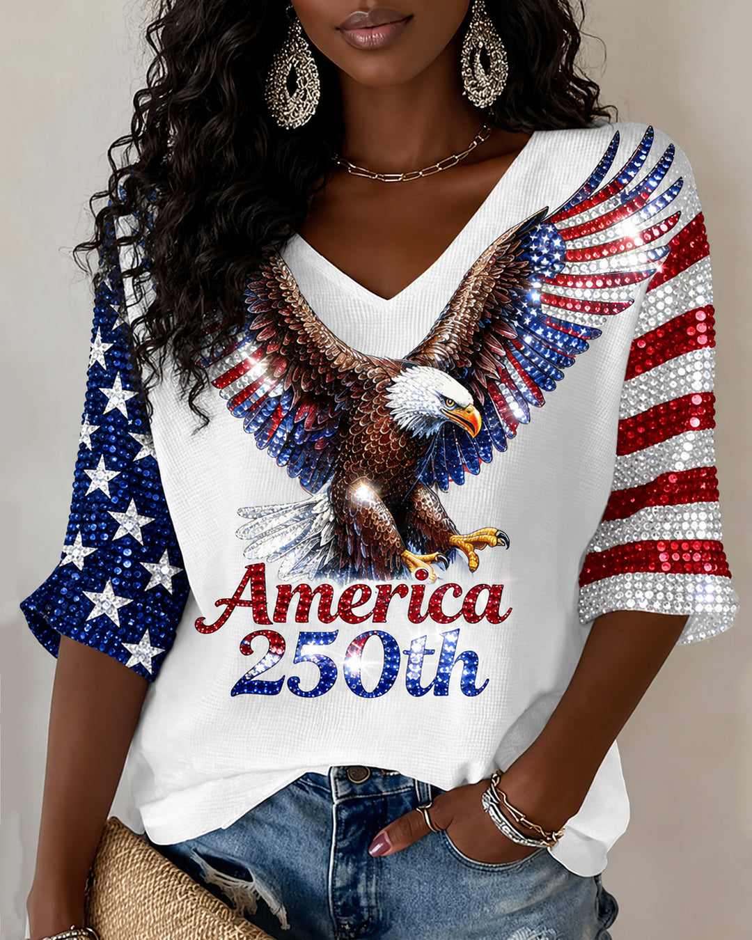 250th Anniversary Colorful Flying Eagle Print V-neck Half Sleeved Loose Top