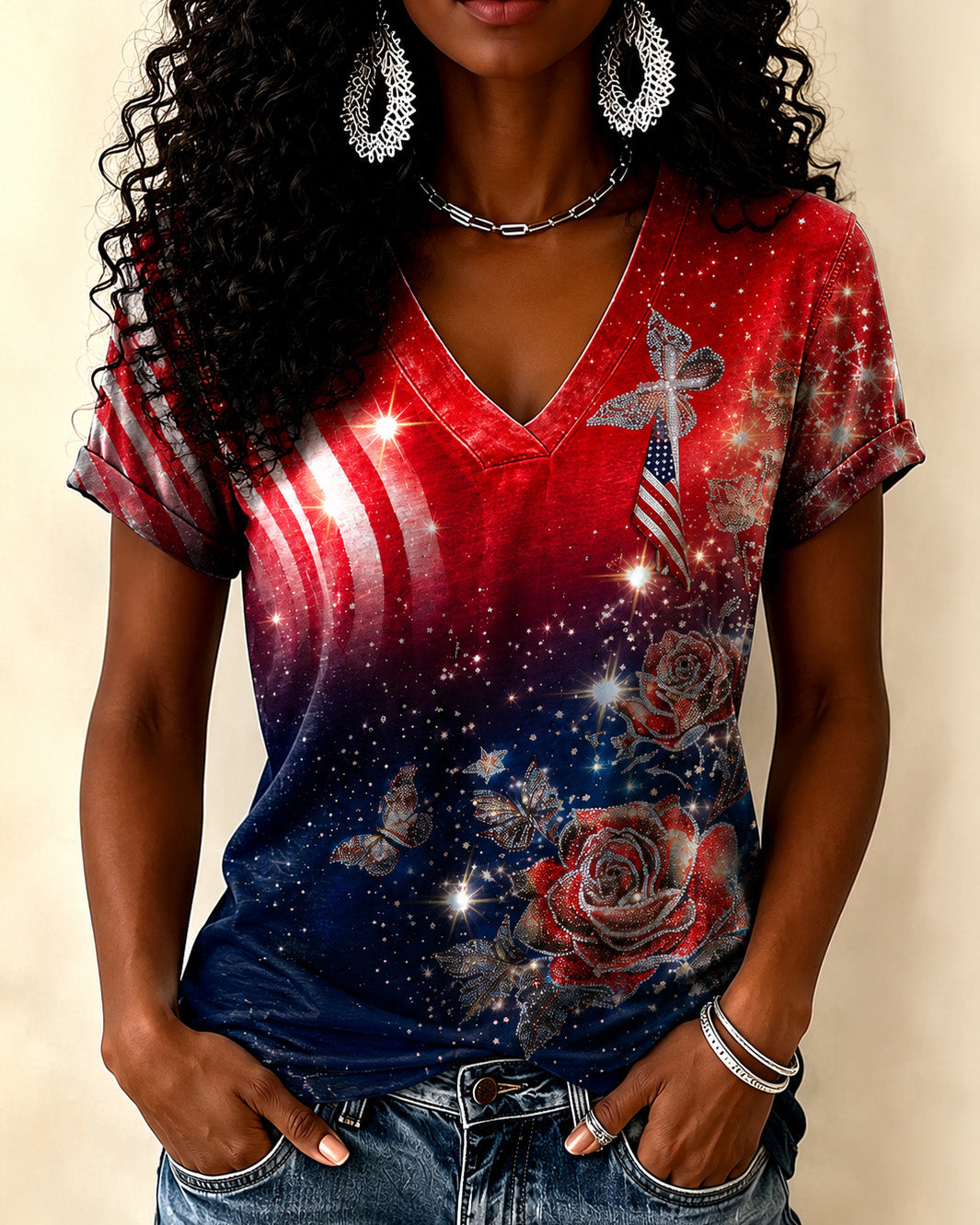 250th Anniversary National Flag Rose Print V-neck Short Sleeve Tshirt