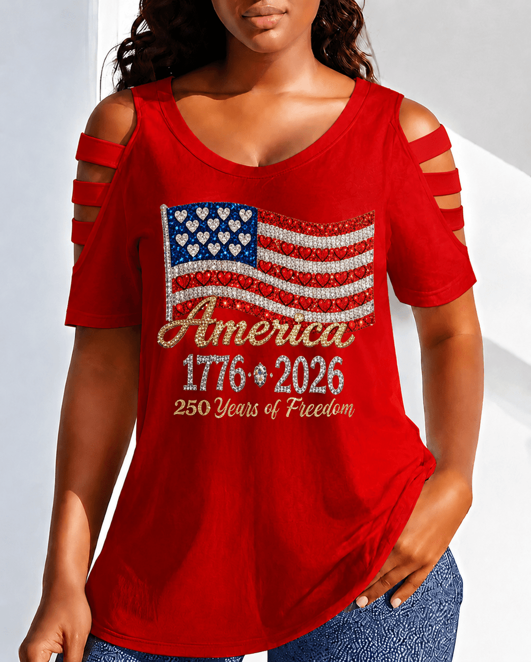 250th Anniversary of The United States Round Neck Hollowed-out Short Sleeve Top