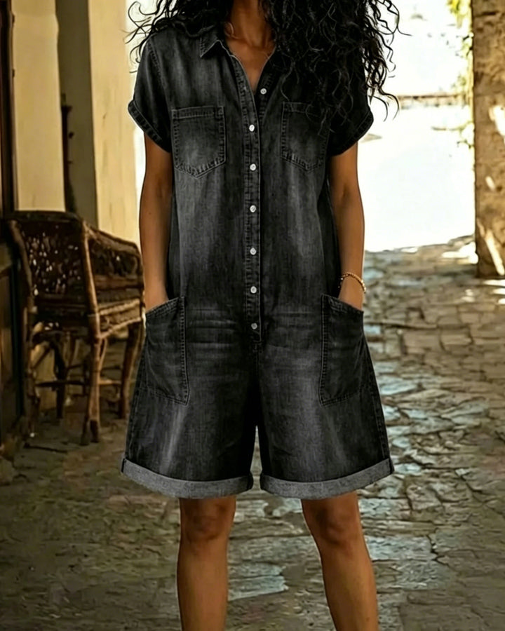 Women's Casual Washed Denim Jumpsuit with Pocket Shorts