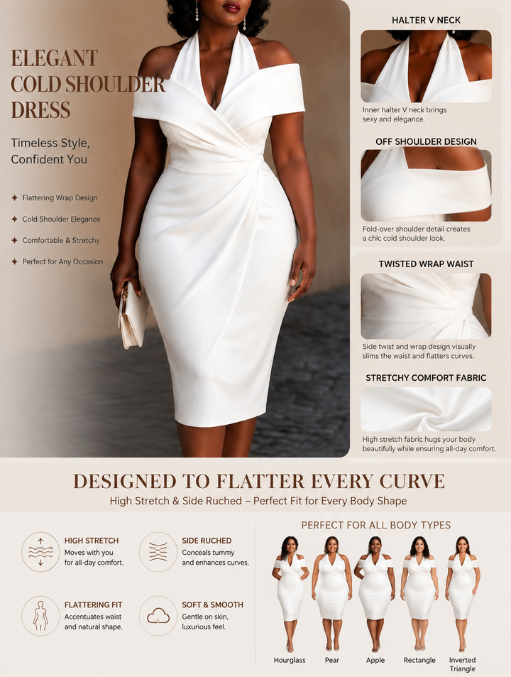 Off-Shoulder Halter Collar Ruched Wrap Midi Dress