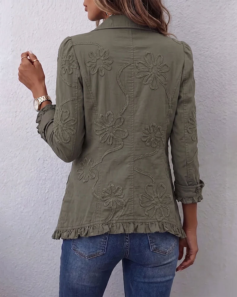 Boho-chic Floral Embroidered Utility Ruffled Trim Jacket